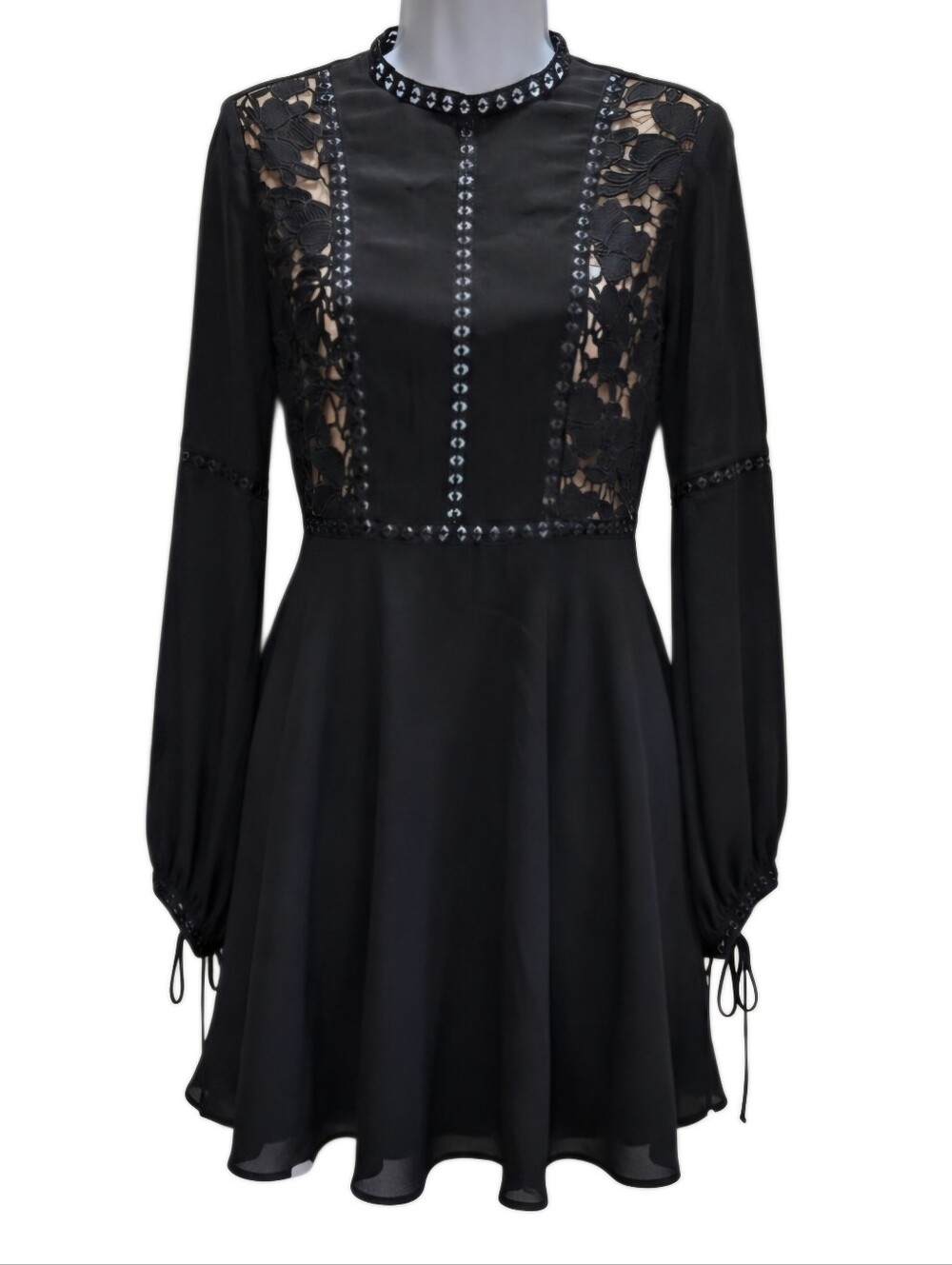 0187 Forever 21 Black Lace Mini Dress Medium Gothic Romantic Long Sleeve Cutout - Picture 1 of 14